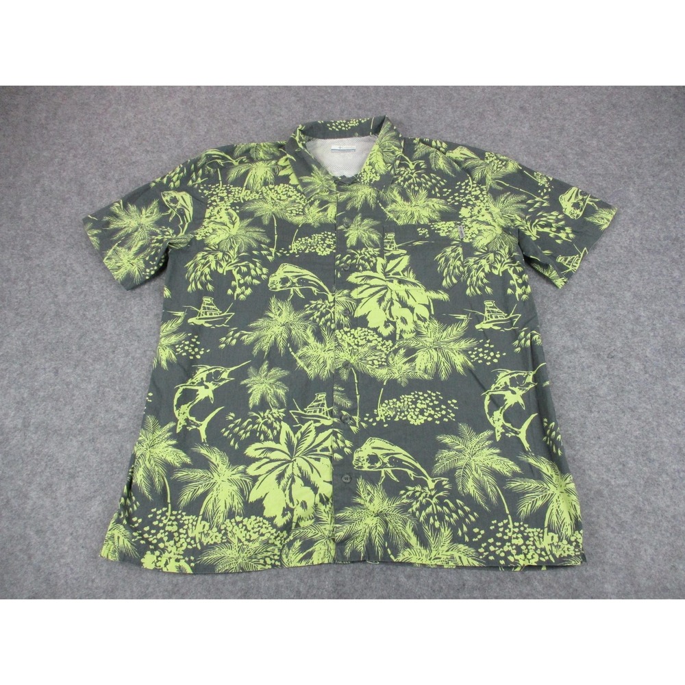 Columbia Shirt Mens Large Green Gray PFG Floral Fish Print Button Up Fishing